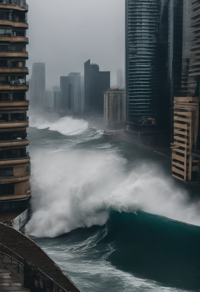 tidal waves,Armageddon,Greatwave,flap,The run-down city creates a cinematic cityscape,A towering tsunami pounds the city's skyline. The lens should capture the absolute power and destructive power of the wave, The building in the foreground is partially submerged, debris flying, and the feeling that disaster is imminent. Long lens camera angle with EE 70mm lens on the Nikon D850, Aim for high resolution, Photorealistic rendering. Ensure that the scene is highly detailed, With HDR lighting, And convey a sense of urgency and confusion.