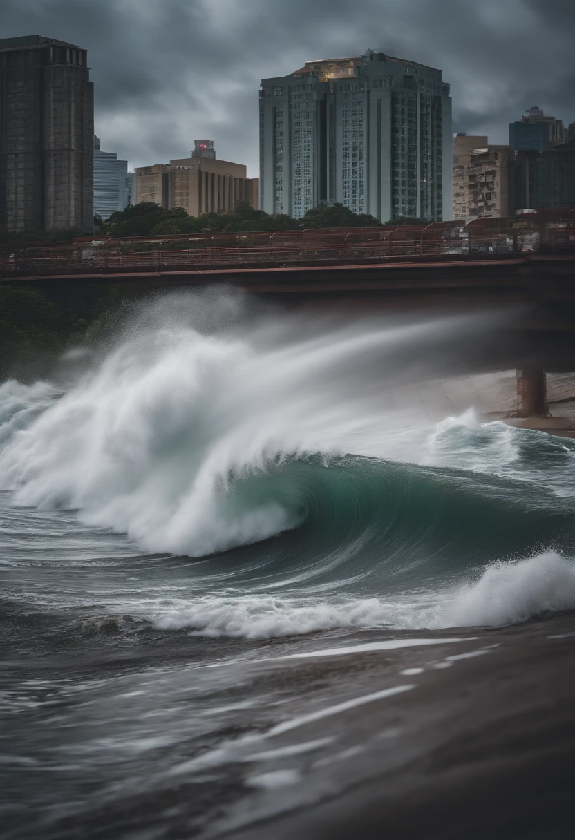 tidal waves，Armageddon，Greatwave，flap，The run-down city creates a cinematic cityscape，A towering tsunami pounds the city's skyline. The lens should capture the absolute power and destructive power of the wave, The building in the foreground is partially submerged, debris flying, and the feeling that disaster is imminent. Long lens camera angle with EE 70mm lens on the Nikon D850, Aim for high resolution, Photorealistic rendering. Ensure that the scene is highly detailed, With HDR lighting, And convey a sense of urgency and confusion.