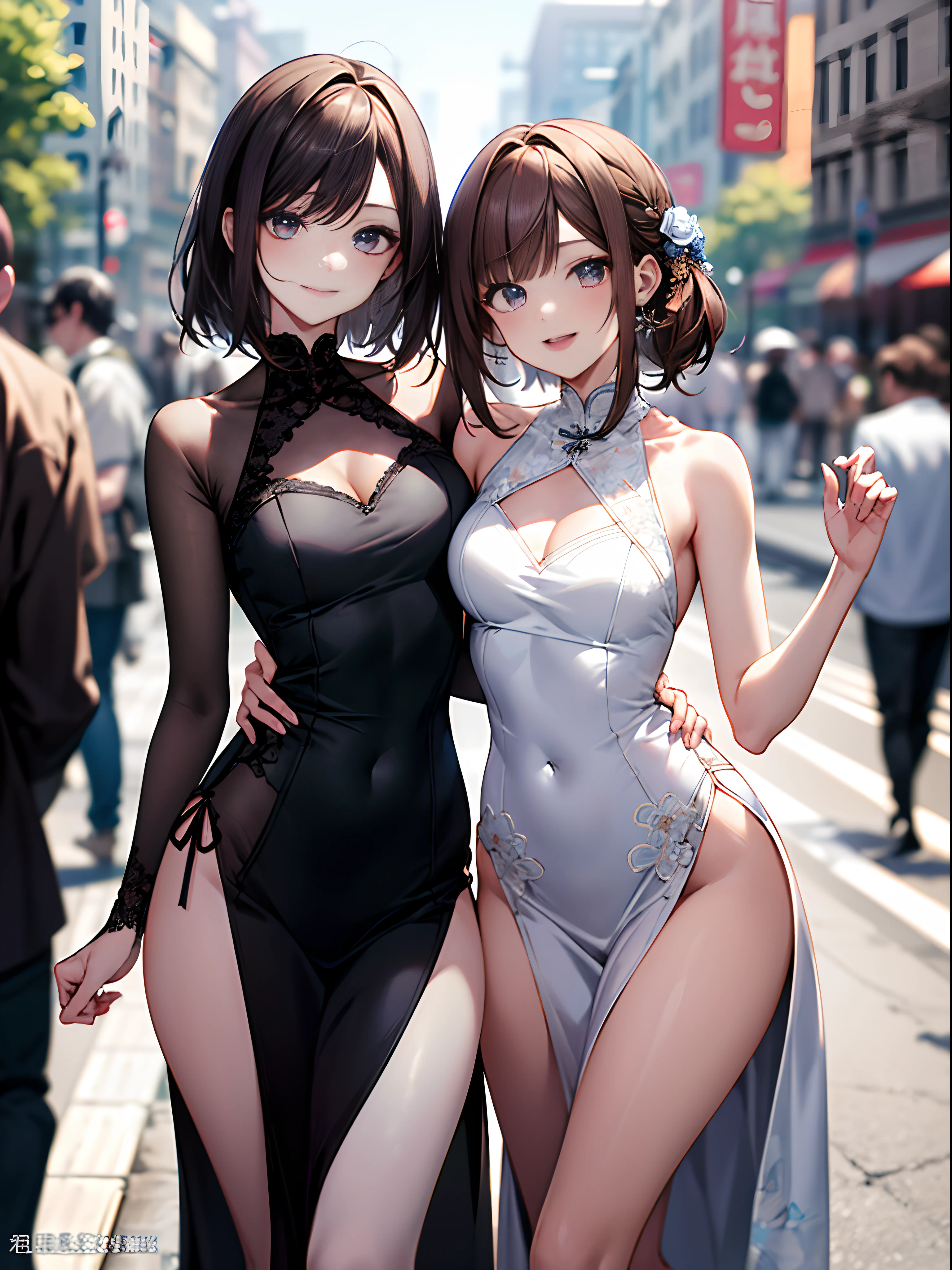 NSFW, 8K raw photos, best qualtiy, tmasterpiece, 超高分辨率, filmgrain,((best qualtiy,8k,tmasterpiece:1.3)), 1girll, ssmile, full bodyesbian, Slim Faces, Beautiful woman, (dark brown hair), full length dress :1.1, Super detailed face, Detailed eyes, 二重まぶた, blur backgroun, Slim Faces, 城市, do lado de fora, the street,