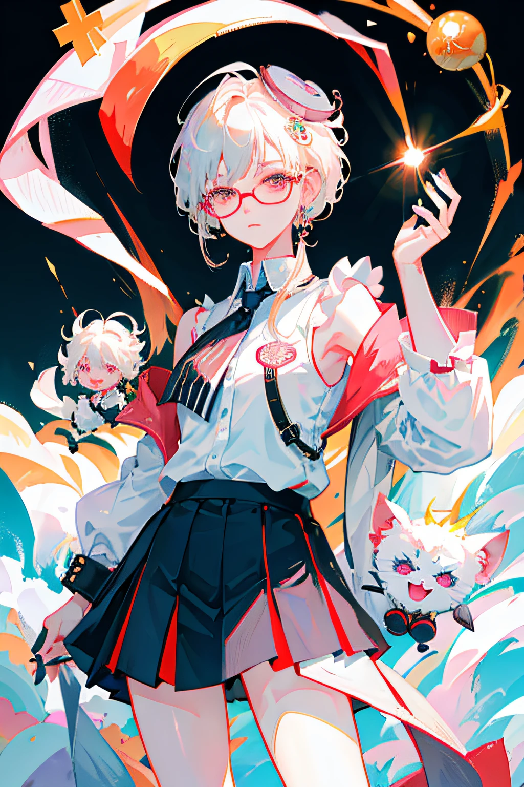 Best quality, 超高分辨率, (Photorealistic:1.4), 1womanl, sleeveless white button shirt, Black skirt, Black choker, ((Glasses)), (Kpop idol), (aegyo sal:1), (Platinum blonde hair Gray hair:1), ((Puffy eyes)), view the viewer, full bodyesbian, Flowers,Lady Lady