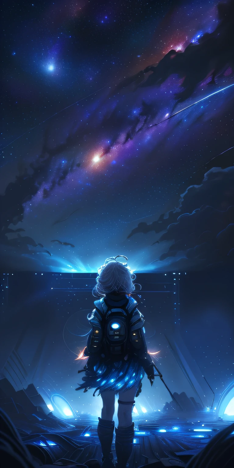 ((Best quality))), ((Ultra-detailed)), ((illustration)), ((Disheveled hair)), ((frilld)), (1 girl in the corner with her back to the audience), (Solo),starrysky,Portals,galactic,extreme light,(Telescopic shot:1.4)