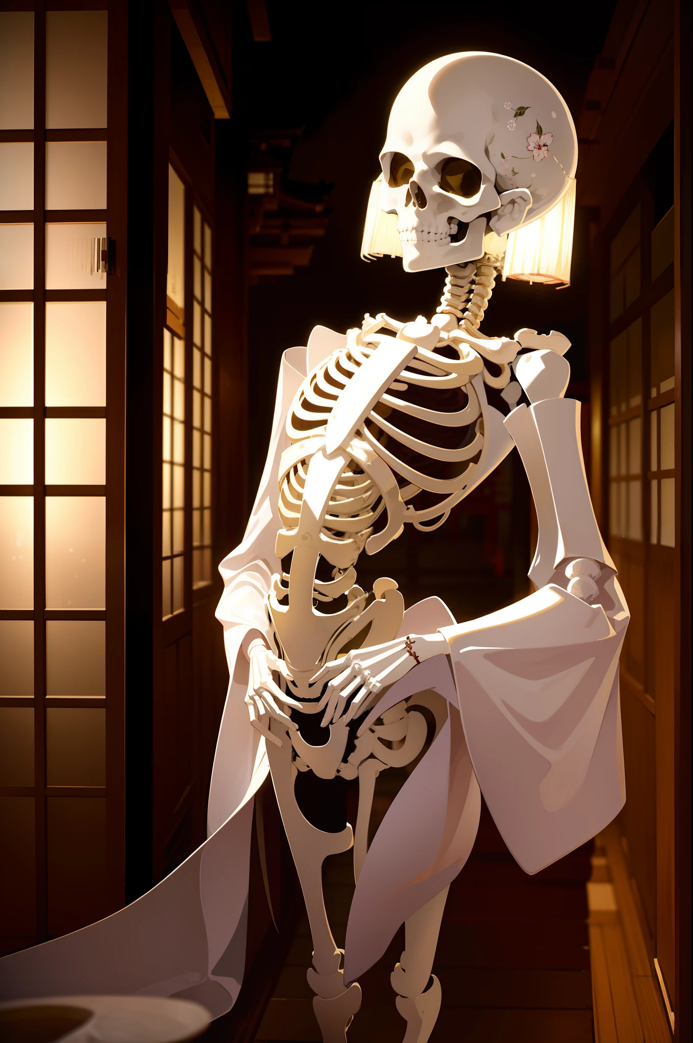 skeleton, A skeleton wearing a woman's kimono, Japanese garden, Japanese style building, professional lighting, best quality, masterpiece, ultra detailed, depth of field, ultra high resolution, fine details, 16k wallpaper,