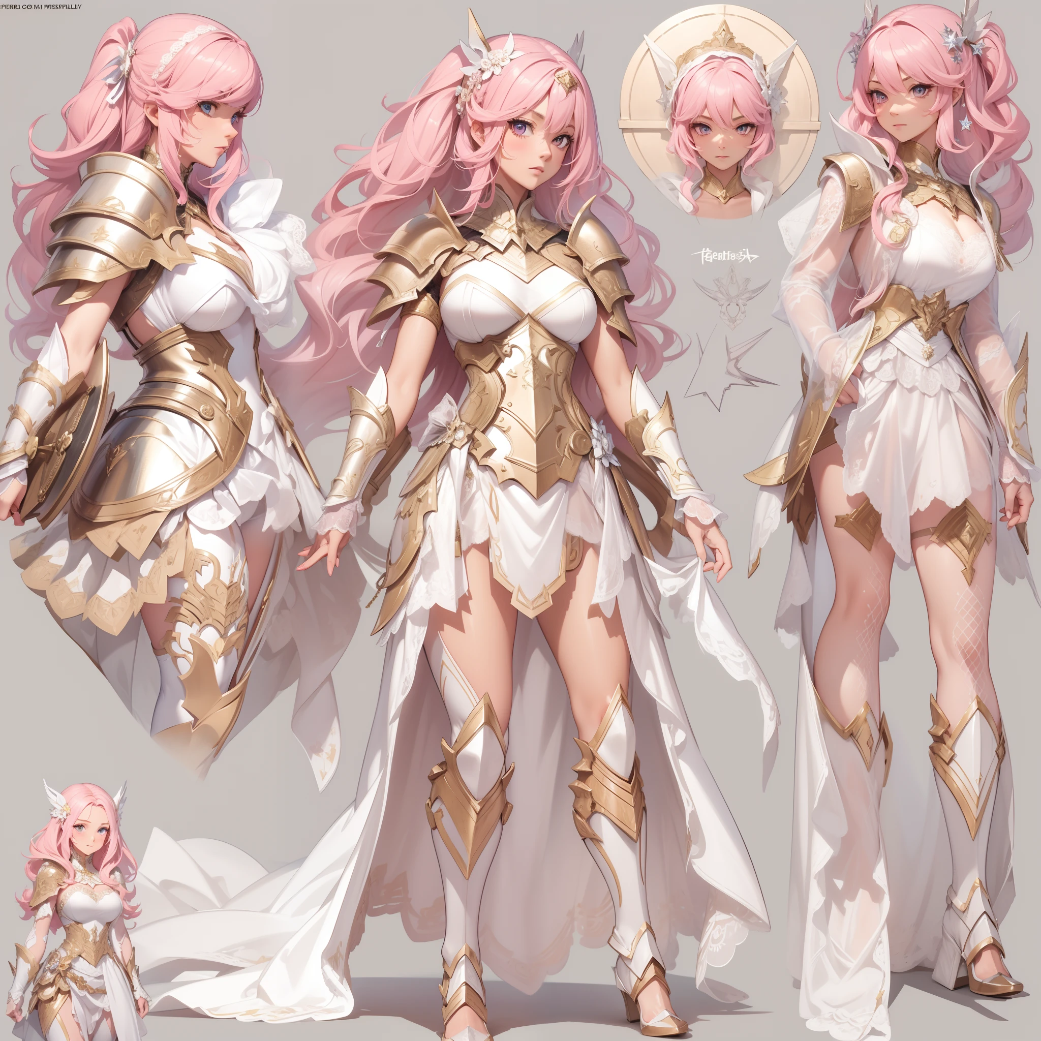 Masterpiece, Highest quality, Detailed face, CharacterDesignSheet,perfectly proportions,full bodyesbian,Full of details, Multiple poses and expressions, Highly detailed, Beautiful paladin girl,A pink-haired,Holding a shield,Pure white armor,bride,Star decoration,Lace,lacepantyhose, High Balance,Natural light