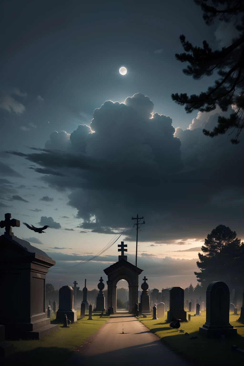 open window showing the view of a cemetery, tree right in the middle, rope tied, old tombs, crows overhead, dogs walking around, horror atmosphere, full moon, lit candles at the cemetery entrance, clouds in the sky, realistic 4k