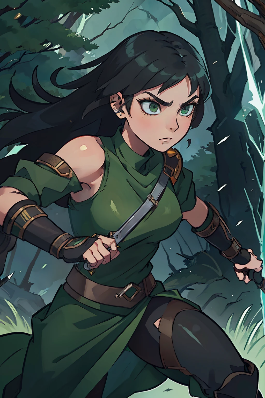 Female, 20s, Battle armor sleek and protective, Athletic, agile, Hair long black, Eyes piercing green, Striking graceful face, Dual daggers at her sides, Fearless, focused, vigilant, forest, woodland, 4k, Cinematic, dramatic lighting, intricate detail