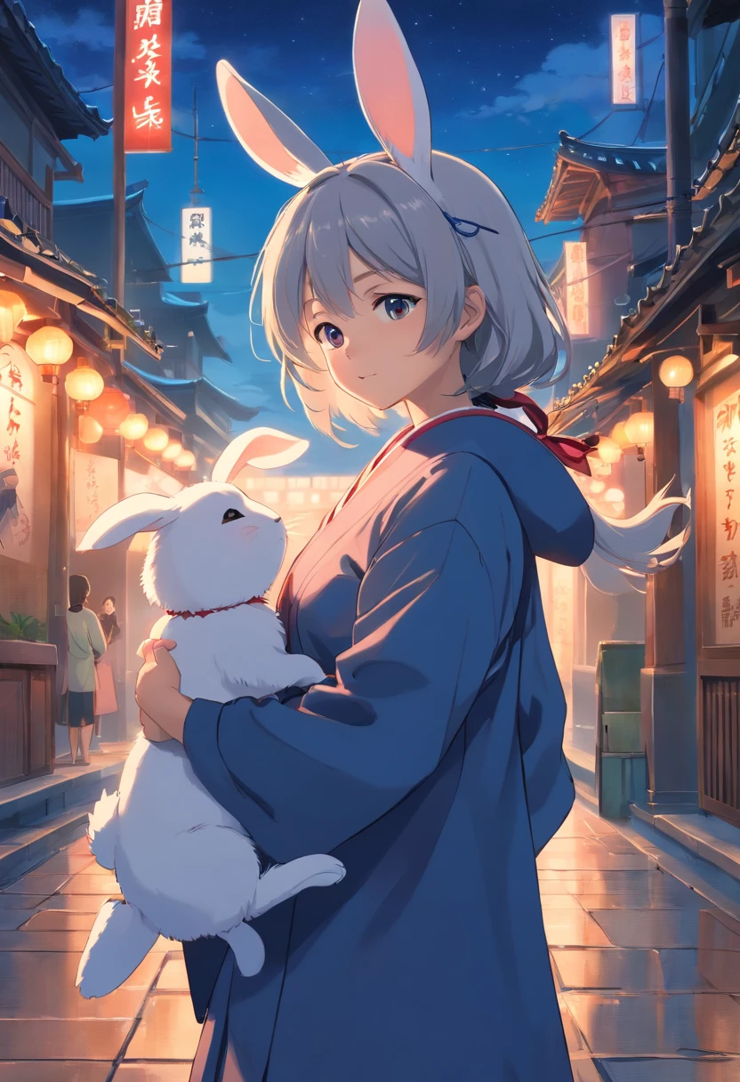 Long hair,the night,full moon,Silver-haired rabbit-eared girl holding a small rabbit hairpin in one hand,Outside a group of Chinese buildings, Hug with a cheongsam,A little bunny wearing a scalloped bow hairpin,unreal render,reasonable design, high detal, Masterpiece, Best quality, hyper HD,
