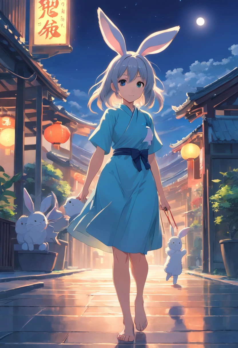 Long hair，the night，full moon，Silver-haired rabbit-eared girl holding a small rabbit hairpin in one hand，Outside a group of Chinese buildings, Hug with a cheongsam，A little bunny wearing a scalloped bow hairpin，unreal render,reasonable design, high detal, Masterpiece, Best quality, hyper HD,