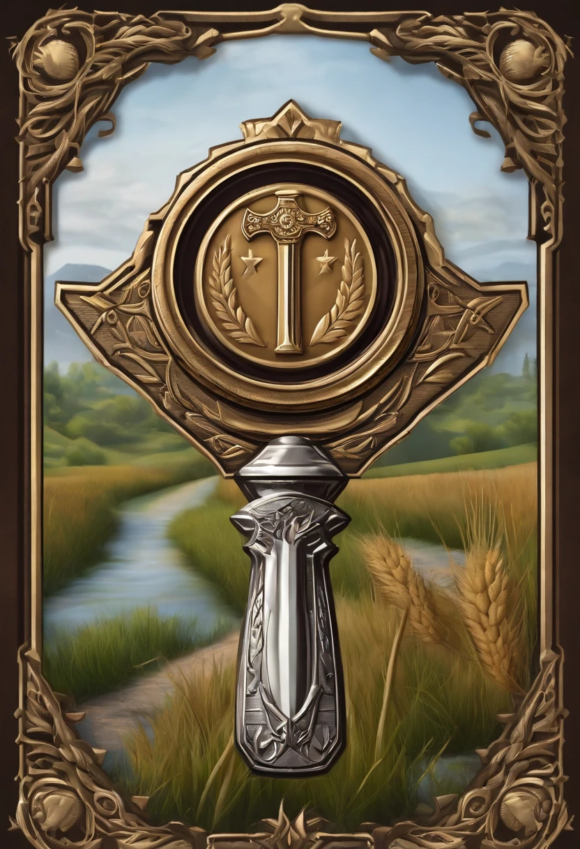 (Game achievement medallion design),Silver medal,Flat 2D effect,Ear of wheat border,(In the middle of the medallion is the hammer and spanner intersect icon)