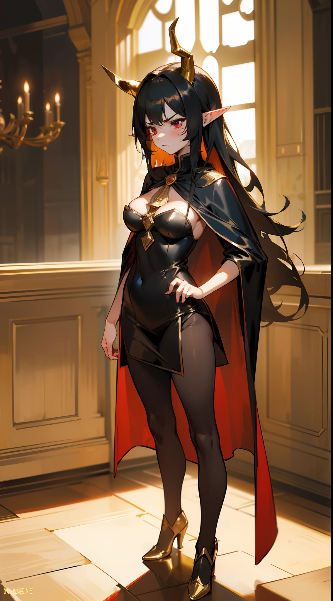 1woman,((40 years)),((madure female)),solo,angry face,golden and black short dress,medium tits,black hair,long hair,red eyes,elves ears,golden horns,pantyhose,cape,(((standing in front of a room inside a castle)))