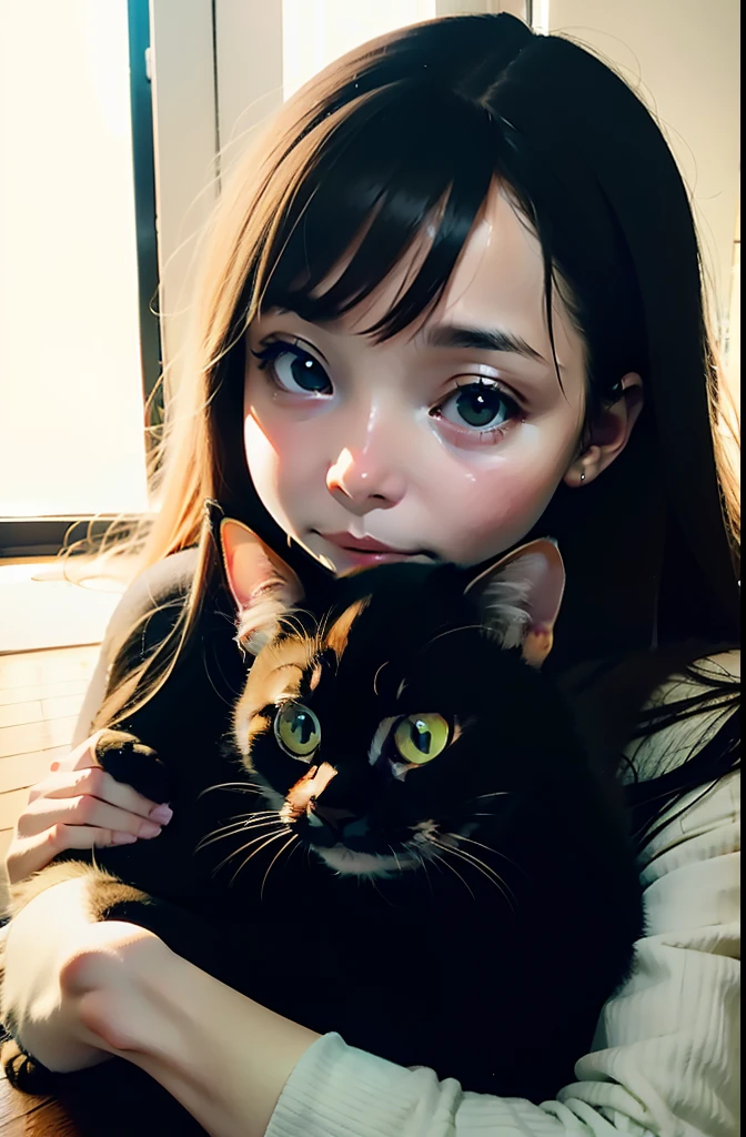 top-quality、Girl holding a black cat、Realistic people:1.5、Black cat、Natural look、longshot、Natural light