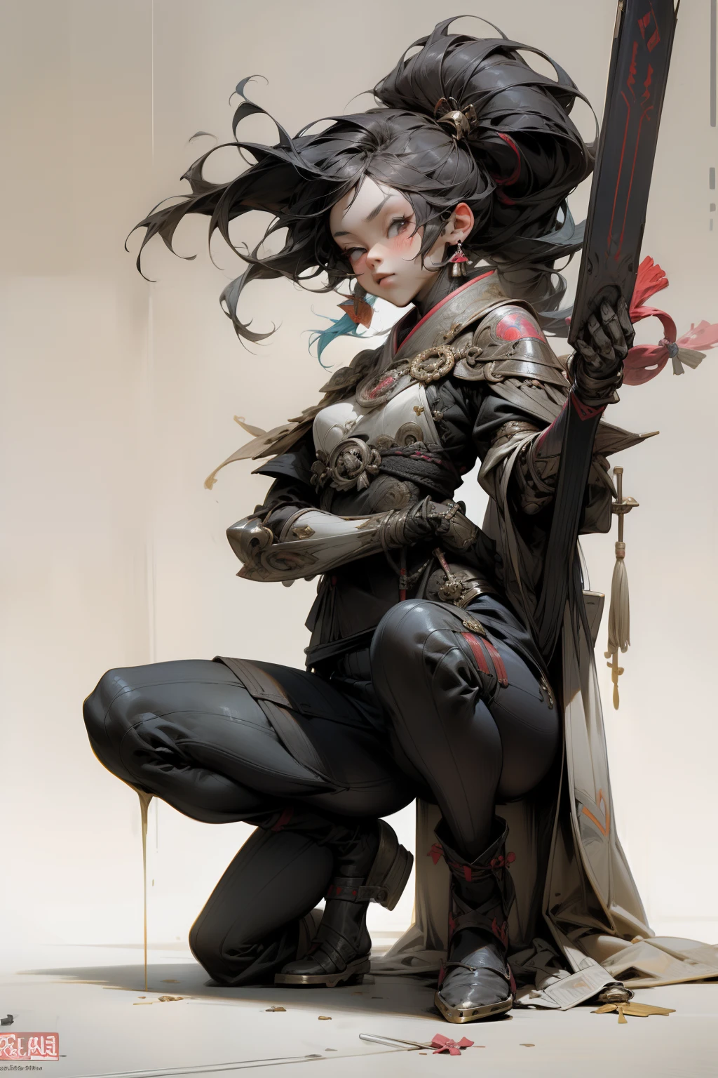 (((woman))), (((best qualityer))), (((tmasterpiece))), (((AS-Adult))), ((( Japanese ))), Look up from your knees, A beautiful asian samurai woman with perfect body, Modern samurai, ((( Asian))), Wear gloves on your hands,The left arm is made of steel and metal tips,Made of protective devices, Black eyes, (( Appears below the breast )), (( Small dental floss )), Simon Bisley, Almost naked(Simon Bisley)Castle City Wilderness,For high-resolution posters, hair straight, Minimum clothing, armure (Crazy clothes ), Full of tips and rivets, tribal tattoos, (((full bodyesbian))), Straight brunette hair,Colored hair ends