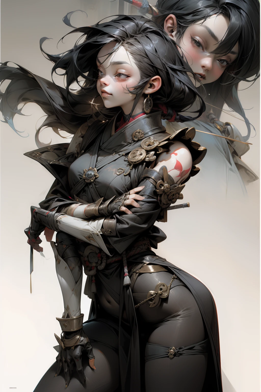 (((woman))), (((best qualityer))), (((tmasterpiece))), (((AS-Adult))), ((( Japanese ))), Look up from your knees, A beautiful asian samurai woman with perfect body, Modern samurai, ((( Asian))), Wear gloves on your hands,The left arm is made of steel and metal tips,Made of protective devices, Black eyes, (( Appears below the breast )), (( Small dental floss )), Simon Bisley, Almost naked(Simon Bisley)Castle City Wilderness,For high-resolution posters, hair straight, Minimum clothing, armure (Crazy clothes ), Full of tips and rivets, tribal tattoos, (((full bodyesbian))), Straight brunette hair,Colored hair ends