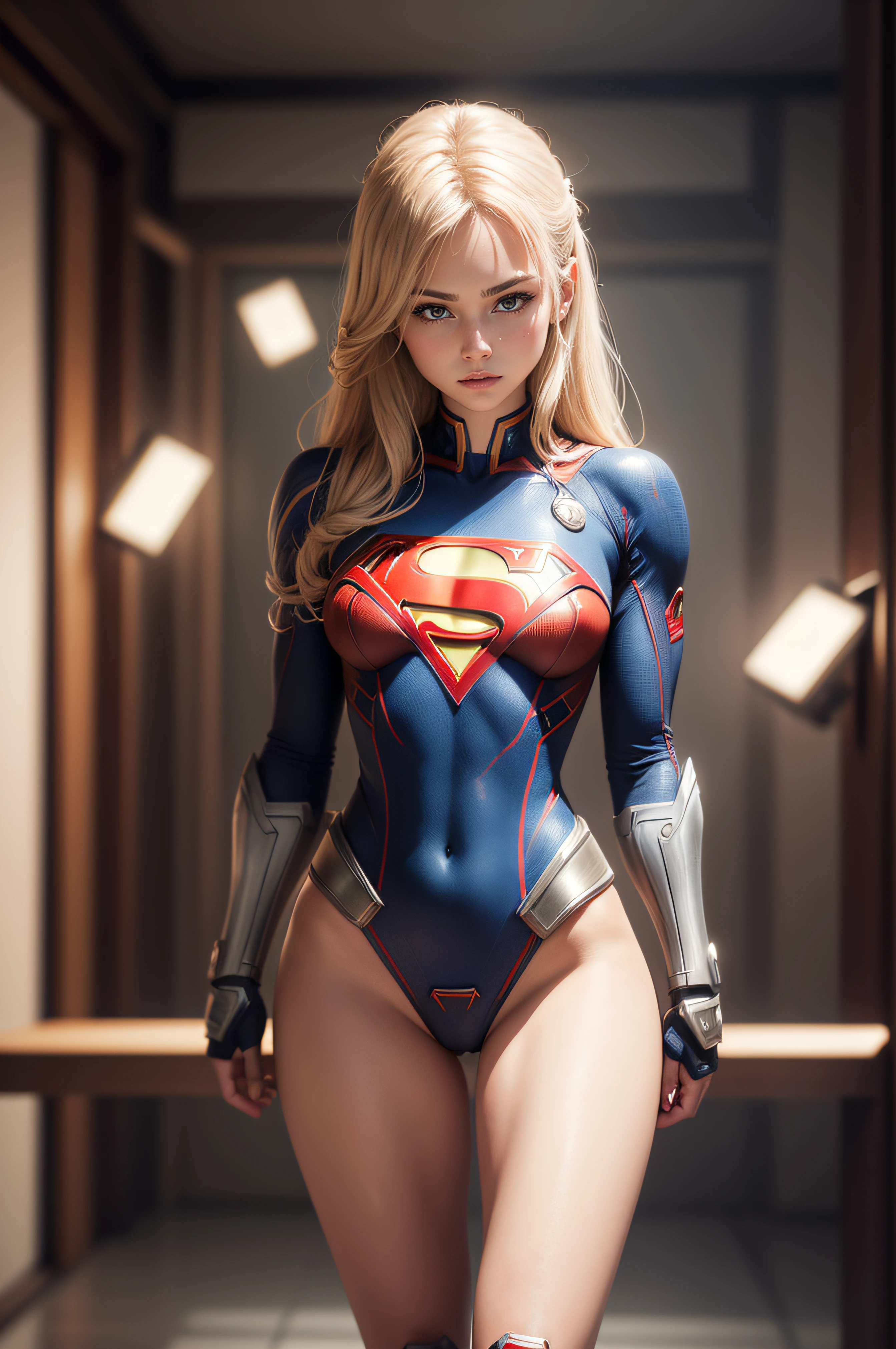 Photograph, (ultra high res, best quality), (8k, raw photo, best quality, masterpiece), technological sense, best quality, masterpiece, illustration,CG ,unity ,wallpaper, official art, Amazing, finely detail, an extremely delicate and beautiful,extremely detailed, highly detailed, sharp focus,rich background, detail,photorealistic, camera from front 4:19 angled up, cyborg supergirl, (full body:1.2), --auto