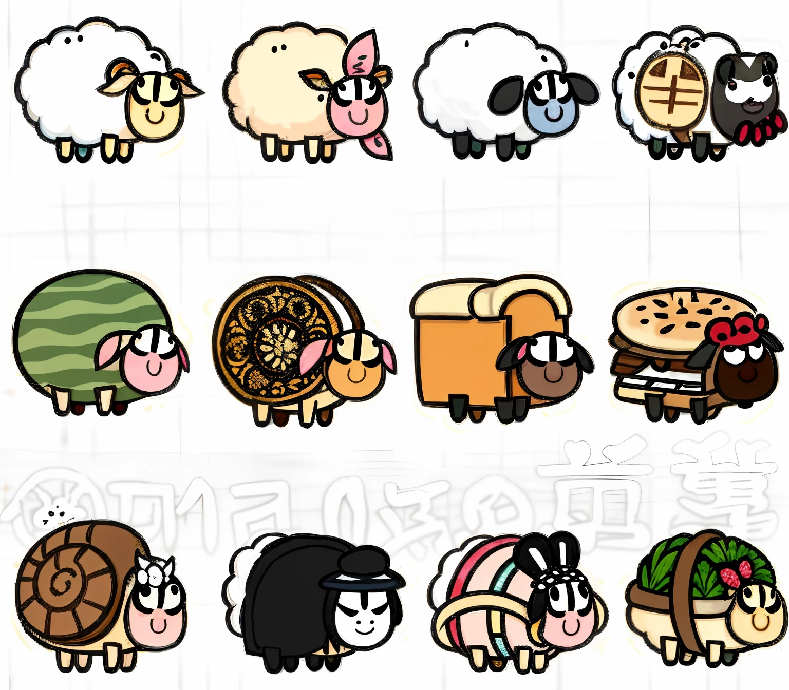 Close-up of a group of cartoon animals on a piece of paper, sheeps, 🪔 🎨;🌞🌄, Japanese kawaii style, unused sticker sheet, inspired by Shūbun Tenshō, Japanese animation style, cartoonish vector style, bread type pokemon, kawaii japanese style, 🦩🪐🐞👩🏻🦳
