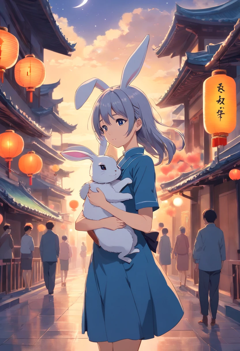 Long hair，the night，full moon，Silver-haired rabbit-eared girl holding a small rabbit hairpin in one hand，Outside a group of Chinese buildings, Hug with a cheongsam，A little bunny wearing a scalloped bow hairpin，unreal render,reasonable design, high detal, Masterpiece, Best quality, hyper HD,