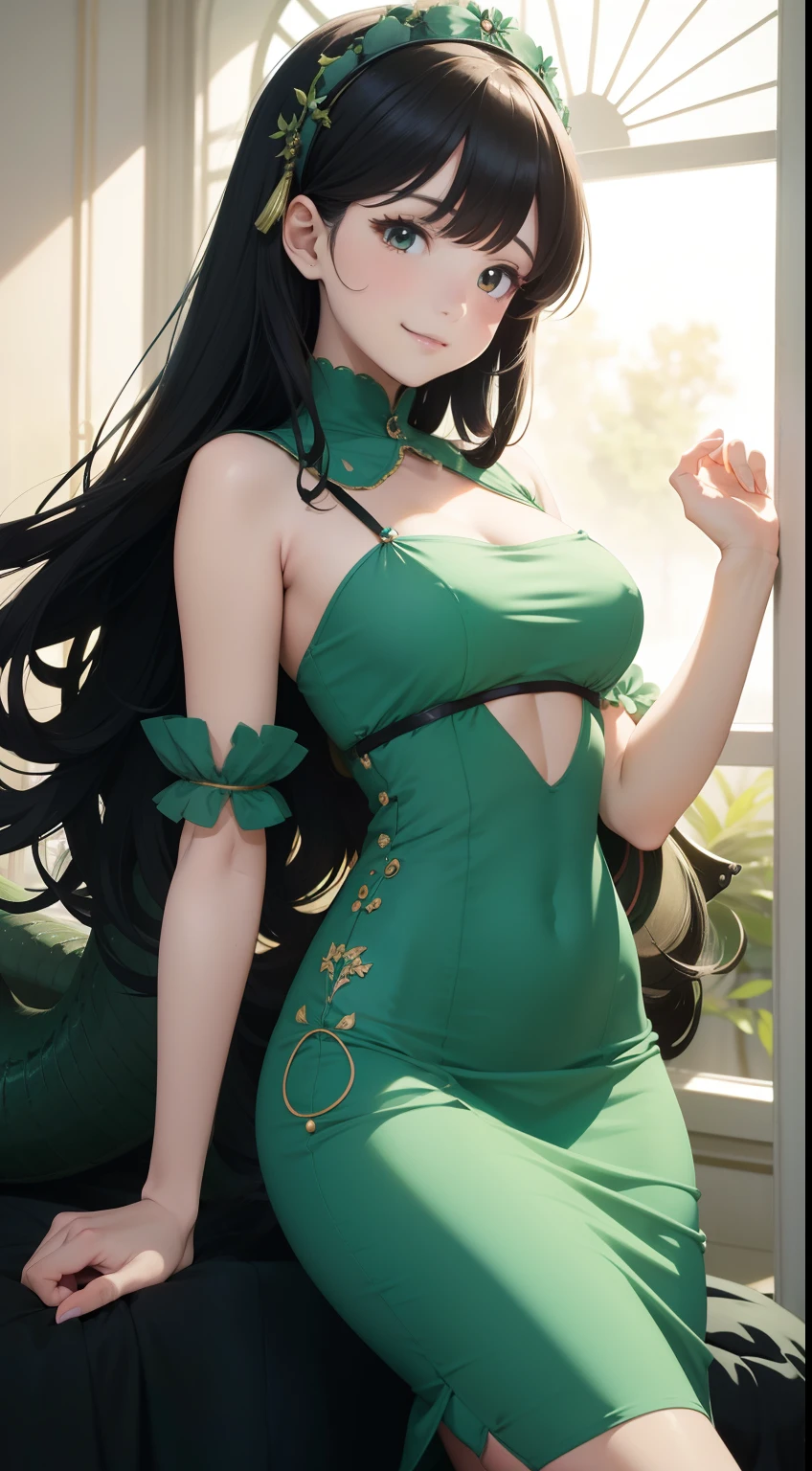 Kate Greenaway Anime surreal wondrous strange Whimsical Sci-Fi Fantasy Beautiful girl in maid clothes Samsama Serpent Apple tree Pin up sexy girl tight dress mysterious smile hyper detailed high resolution high definition high quality masterpiece