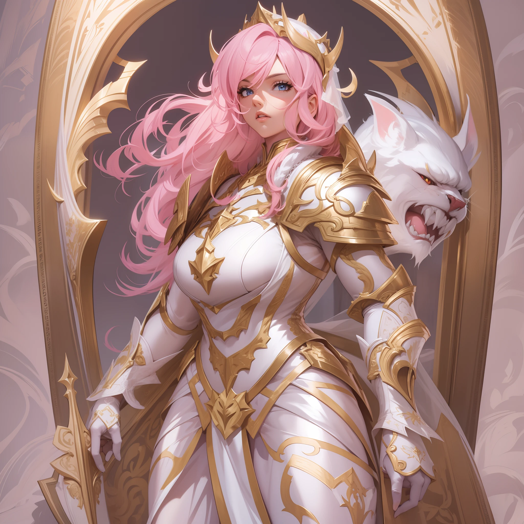 Masterpiece, Highest quality, Detailed face, CharacterDesignSheet,perfectly proportions,full bodyesbian,Full of details, Multiple poses and expressions, Highly detailed, Beautiful paladin girl,A pink-haired,Holding a shield,Pure white armor,Bride,Star decoration,Lace,lacepantyhose, High Balance,Natural light