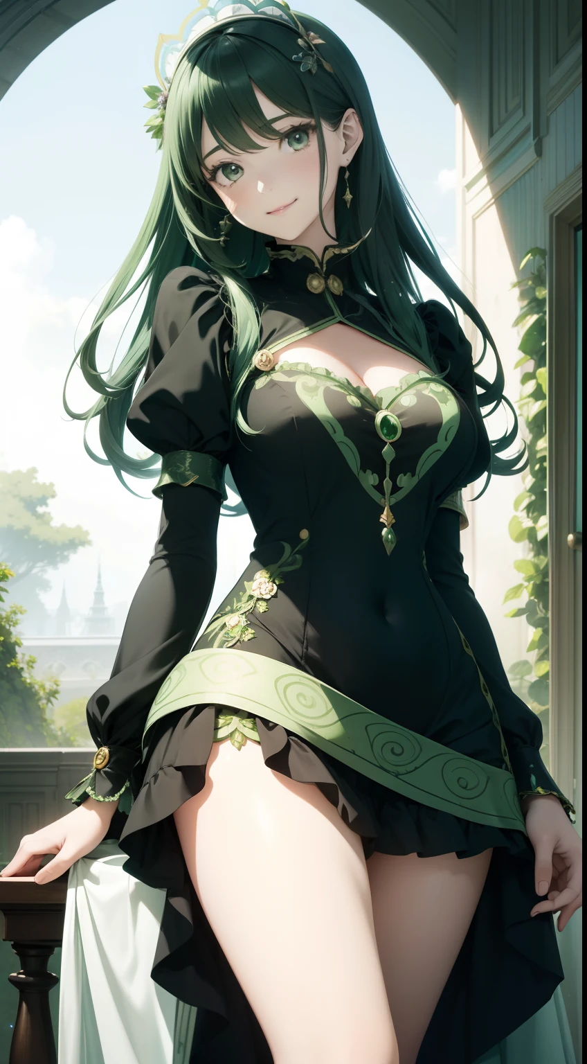 Kate Greenaway Anime　surreal　wondrous　strange　Whimsical　Sci-Fi Fantasy　Beautiful girl in maid clothes　Samsama Serpent　Apple tree　Pin up sexy girl tight dress mysterious smile hyper detailed high resolution high definition high quality masterpiece