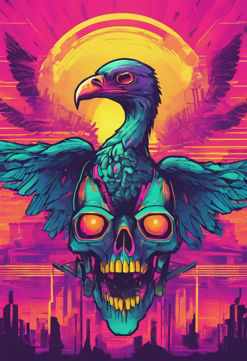 1 cartoon style vulture on top of a skull