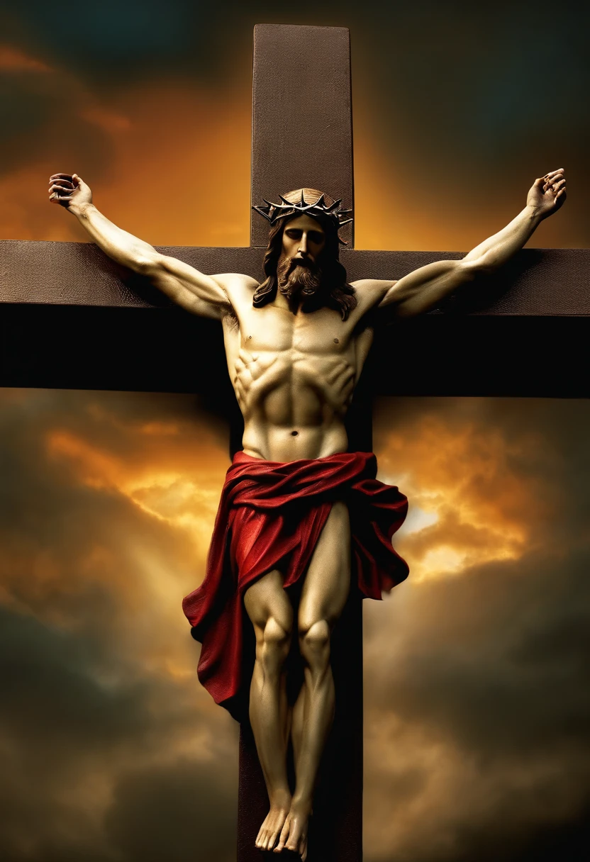 ((masterpiece, top quality, super definition, Jesus Christ, Cross, blood, crucifixion, agony, sacrifice, holy, dark backdrop