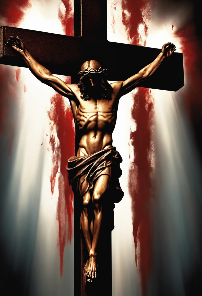 ((masterpiece, top quality, super definition, Jesus Christ, Cross, blood, crucifixion, agony, sacrifice, holy, dark backdrop