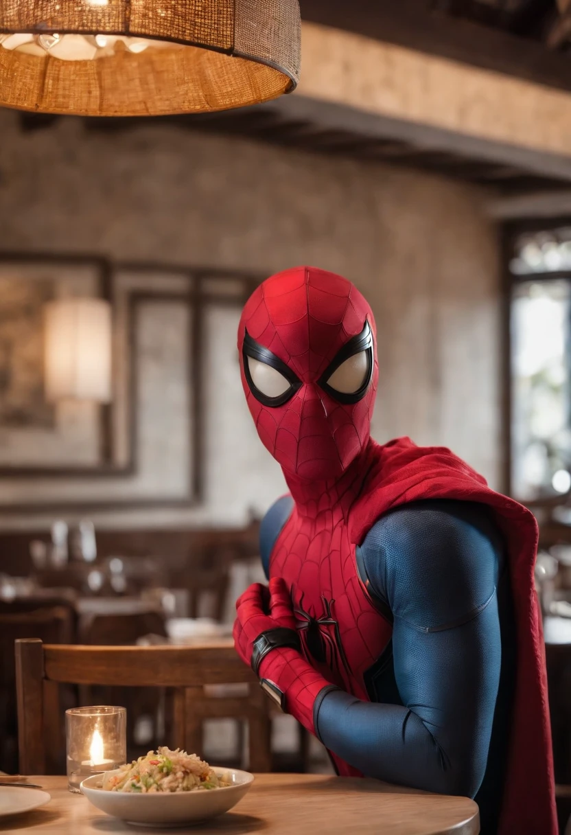 Cinematographer, ultra realista, Ropa detallada, Bellamente detallado, UHD, HDR, Altas Resoluciones, ultra detallado, Detalles intrincados, Efectos texturales, absurdos, obra maestra, 8k:1.2. En esta imagen, vemos a Spider-Man en un inusual descanso de sus actividades heroicas. He's standing in a chic Asian restaurant in his iconic costume..................
Spider-Man holds a bowl of Chinese fried rice mixed with oriental stir-fried noodles in his hands skillfully.., usando unos elegantes palillos chinos para llevar un bocado a su boca. The plate is full of fried rice, salteado. The restaurant is decorated with traditional Chinese elements, como linternas rojas colgando del techo y dragones dorados esculpidos en las paredes. The dim light of the lanterns creates a warm and welcoming atmosphere in the place.