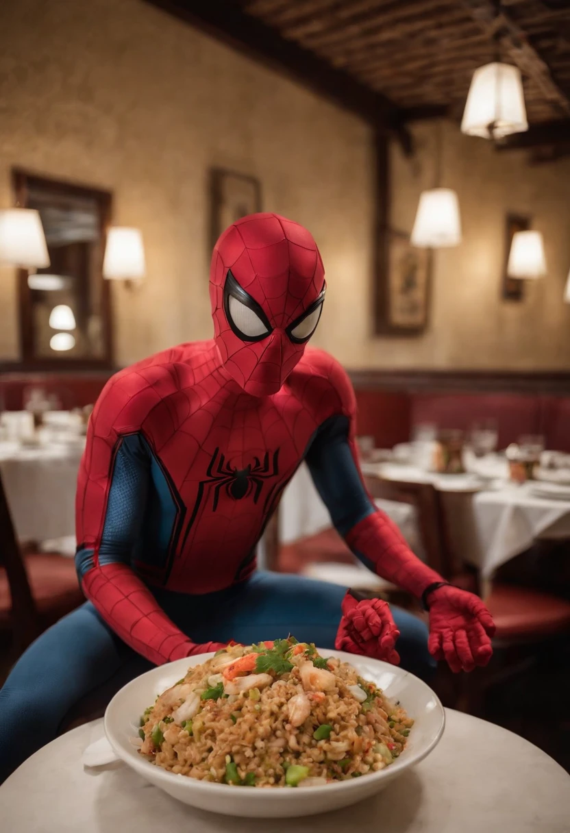 Cinematographer, ultra realista, Ropa detallada, Bellamente detallado, UHD, HDR, Altas Resoluciones, ultra detallado, Detalles intrincados, Efectos texturales, absurdos, obra maestra, 8k:1.2. En esta imagen, vemos a Spider-Man en un inusual descanso de sus actividades heroicas. He's standing in a chic Asian restaurant in his iconic costume..................
Spider-Man holds a bowl of Chinese fried rice mixed with oriental stir-fried noodles in his hands skillfully.., usando unos elegantes palillos chinos para llevar un bocado a su boca. The plate is full of fried rice, salteado. The restaurant is decorated with traditional Chinese elements, como linternas rojas colgando del techo y dragones dorados esculpidos en las paredes. The dim light of the lanterns creates a warm and welcoming atmosphere in the place.