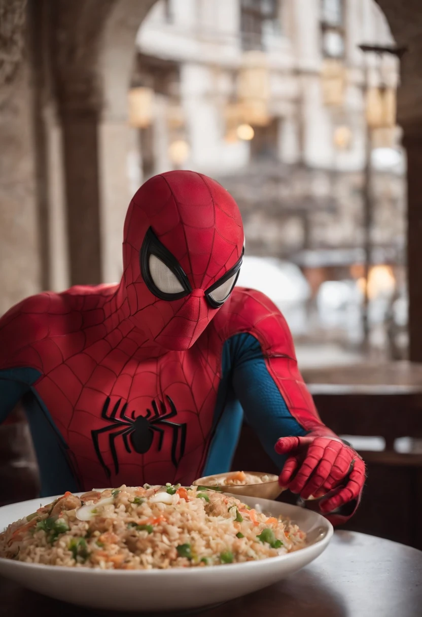 Cinematographer, ultra realista, Ropa detallada, Bellamente detallado, UHD, HDR, Altas Resoluciones, ultra detallado, Detalles intrincados, Efectos texturales, absurdos, obra maestra, 8k:1.2. En esta imagen, vemos a Spider-Man en un inusual descanso de sus actividades heroicas. He's standing in a chic Asian restaurant in his iconic costume..................
Spider-Man holds a bowl of Chinese fried rice mixed with oriental stir-fried noodles in his hands skillfully.., usando unos elegantes palillos chinos para llevar un bocado a su boca. The plate is full of fried rice, salteado. The restaurant is decorated with traditional Chinese elements, como linternas rojas colgando del techo y dragones dorados esculpidos en las paredes. The dim light of the lanterns creates a warm and welcoming atmosphere in the place.