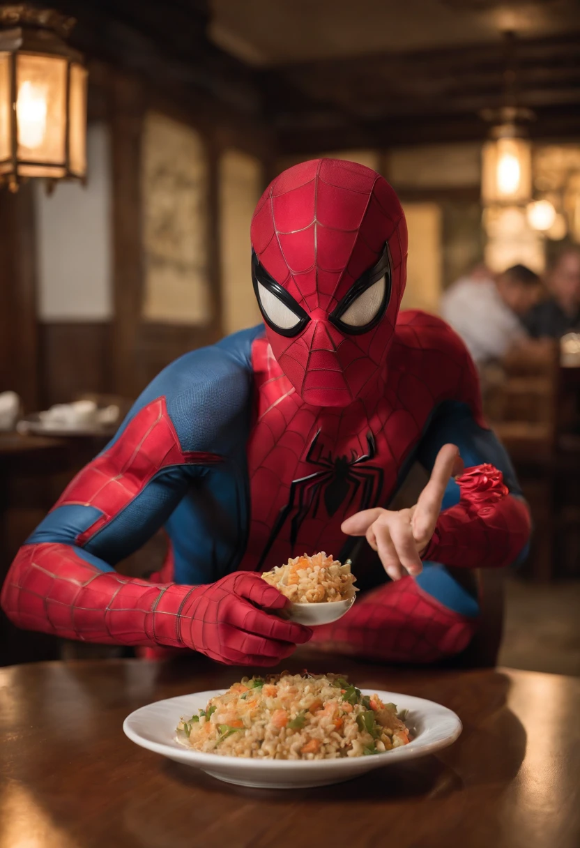 Cinematographer, ultra realista, Ropa detallada, Bellamente detallado, UHD, HDR, Altas Resoluciones, ultra detallado, Detalles intrincados, Efectos texturales, absurdos, obra maestra, 8k:1.2. En esta imagen, vemos a Spider-Man en un inusual descanso de sus actividades heroicas. He's standing in a chic Asian restaurant in his iconic costume..................
Spider-Man holds a bowl of Chinese fried rice mixed with oriental stir-fried noodles in his hands skillfully.., usando unos elegantes palillos chinos para llevar un bocado a su boca. The plate is full of fried rice, salteado. The restaurant is decorated with traditional Chinese elements, como linternas rojas colgando del techo y dragones dorados esculpidos en las paredes. The dim light of the lanterns creates a warm and welcoming atmosphere in the place.