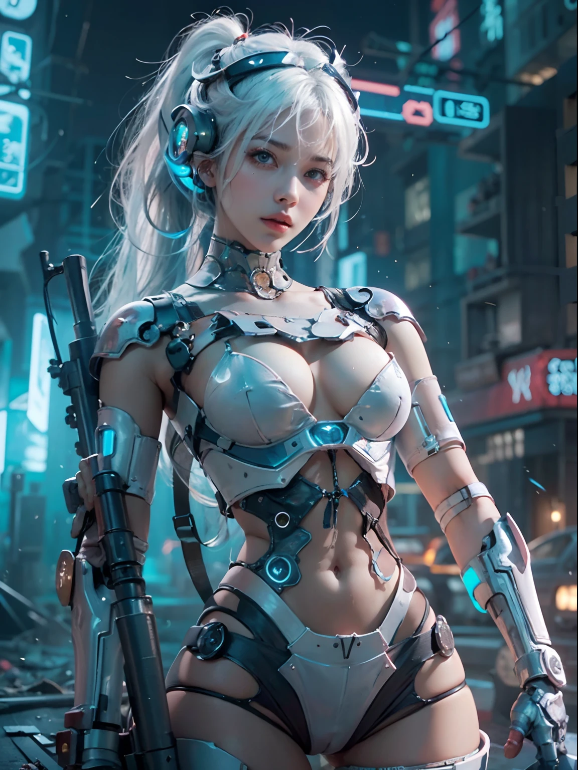 nsfw, 1girl, cyberpunk, robotic armor, (masterpiece: 1.4), (8K, realistic, raw photo, best quality: 1.4), nipple areola shape clear, nude, Japanese girl, beautiful cute face, (real face: 1.4), perfect pussy, beautiful hairstyle, realistic blue eyes, beautiful detail eyes, (real skin: 1.3), beautiful skin, attractive, ultra high resolution, ultra realistic, off-sheller, night view, shiny moon, burning city, post apocalyptic world, cinematic lighting, white colored hair, long hair, twin ponytails, blue ribbons, weapon in hands, alien spaceship, futuristic fantasy, riding robotic dragon, legs open