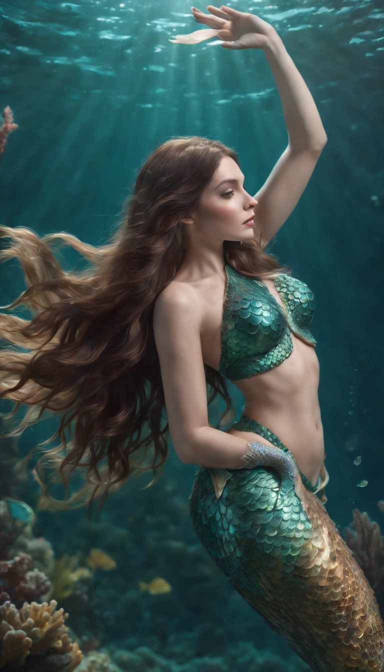 (professional 3d render:1.3) ((Mermaid swims all over)) (Realistic:1.3) most beautiful artwork photo in the world,(((Brown hair))), (( Brown eyes)), brunette, Caucasians, ((long mermaid tail)), (((Detailed mermaid fins))), full bodyesbian, sport, Features: Soft and shiny, ((Epic mermaid fantasy long hair in dynamic pose,Full tail, Fantastic location, Majestic cluttered environment)), full body 8k unity render, action shot, skin pore, heavyshading, Detailed, Detailed face, (vibrant, photograph realistic, Realistic, Dramatic, Dark, Sharp focus, 8K), (fish scales:1.4), ((((Mermaid tail)))), (Intricate:1.4), decadent, (Highly detailed:1.4), Digital painting, rendering by octane, art stations, concept-art, smooth, Sharp focus, illustration, Art germ, (loish:0.23), (Global illumination, Studio light, volumettic light), Underwater, Ocean, lotr, fantasy, mermaid, ((Sea backgroun:1.3)),CGSesociety,art stations