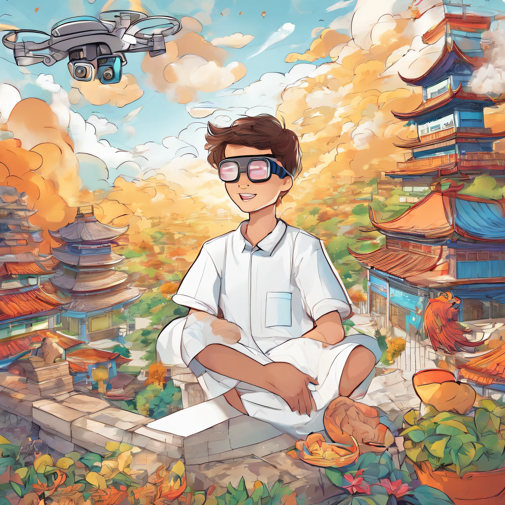 (White background:1.4),(Boy wearing virtual reality,Control drone flight,AR drawing cartoon characters,Take a picture and record it。Oriental elements),(Chinese illustration:1.3,paper art:1.3, Quilted paper art:1.2),( reasonable design, Clear lines, High sharpness,Best quality, Very detailed, Masterpiece, movie light effect, 4K )