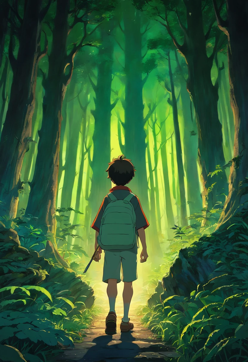 Boy exploring the terrifying dark night forest、