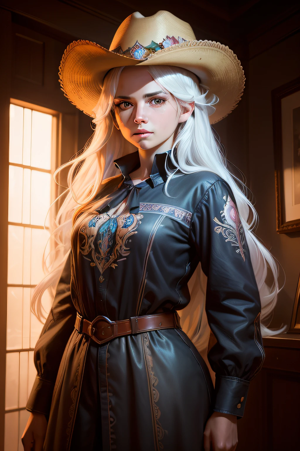 Hyperrealist portrait of female by david hockney and alphonse mucha,fantasy art, photo realistic, dynamic lighting, artstation, poster, volumetric lighting, very detailed faces, 4 k, award winning,, 1girl, in the dark, deep shadow, low key,cowboy shot,(official clothing:1.4) ,long hair,white hair,