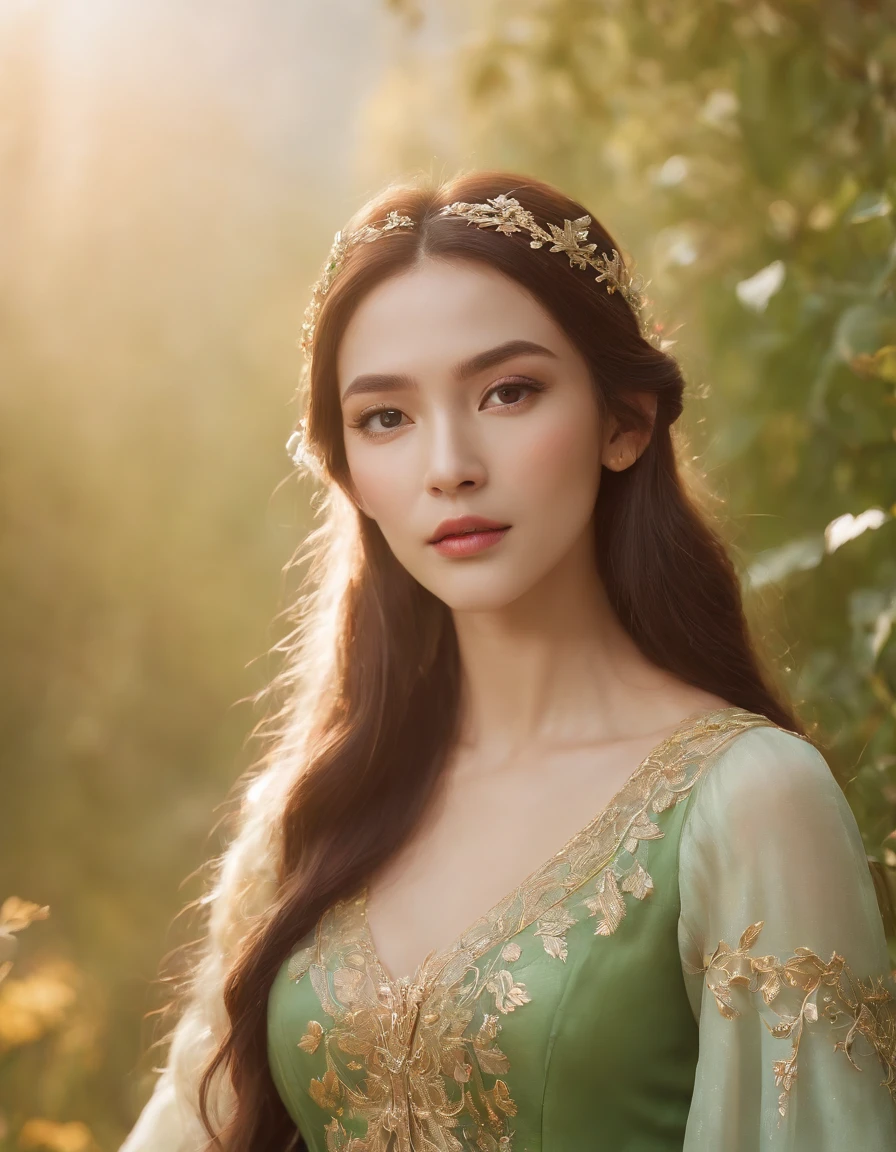 upper body，medium shot，The elven princess leaned against the emerald grass。Her long hair flowed，A golden glow shimmers in the sunlight。The surrounding flowers bloom with colorful colors，A gentle breeze blows the leaves，Fallen leaves fluttered around her。The whole scene is full of mystery and tranquility，It was as if time also stood still at this moment。8K分辨率。