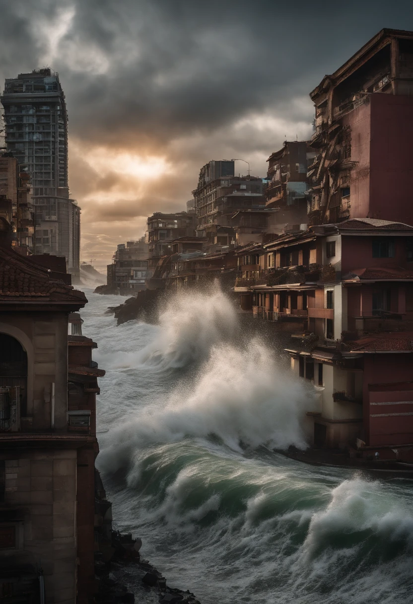 tidal waves,Armageddon,Greatwave,Knocking down houses,The run-down city creates a cinematic cityscape,A towering tsunami pounds the city's skyline. The lens should capture the absolute power and destructive power of the wave, The building in the foreground is partially submerged, debris flying, and the feeling that disaster is imminent. Long lens camera angle with EE 70mm lens on the Nikon D850, Aim for high resolution, Photorealistic rendering. Ensure that the scene is highly detailed, With HDR lighting, And convey a sense of urgency and confusion.