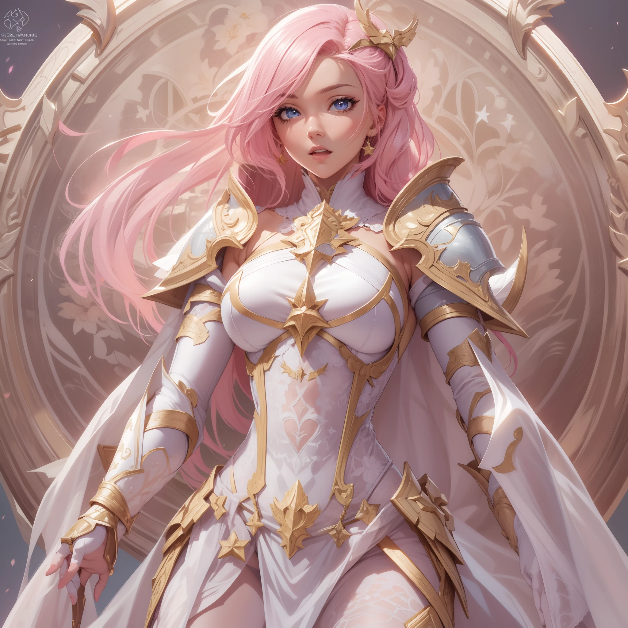 Masterpiece, Highest quality, Detailed face, CharacterDesignSheet，perfectly proportions，full bodyesbian，Full of details, Multiple poses and expressions, Highly detailed, Beautiful paladin girl，A pink-haired，Holding a shield，Pure white armor，Bride，Star decoration，Lace，lacepantyhose, High Balance,Natural light