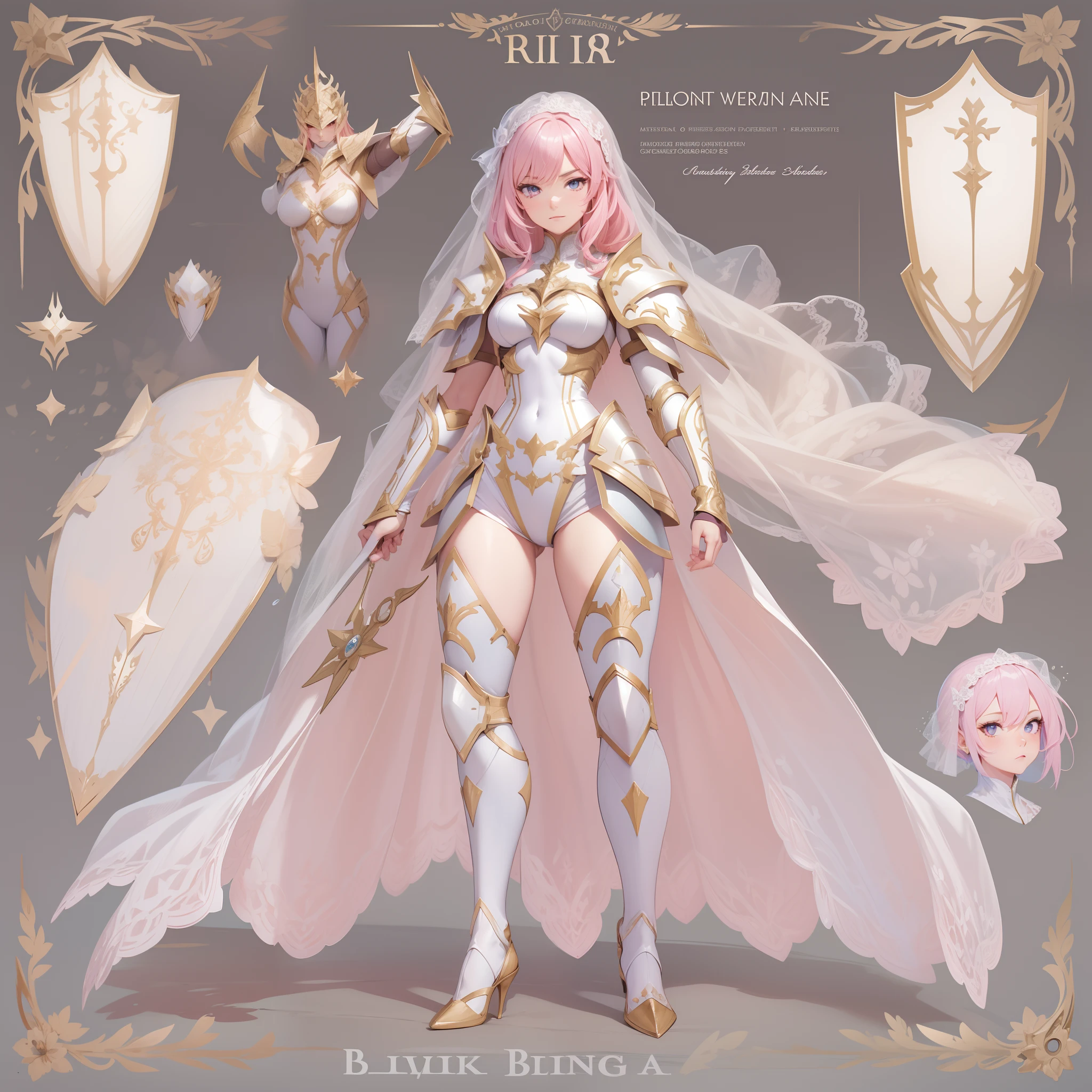 Masterpiece, Highest quality, Detailed face, CharacterDesignSheet,perfectly proportions,full bodyesbian,Full of details, Multiple poses and expressions, Highly detailed, Beautiful paladin girl,A pink-haired,Holding a shield,Pure white armor,wedding gown,Star decoration,Lace,lacepantyhose, High Balance,Natural light