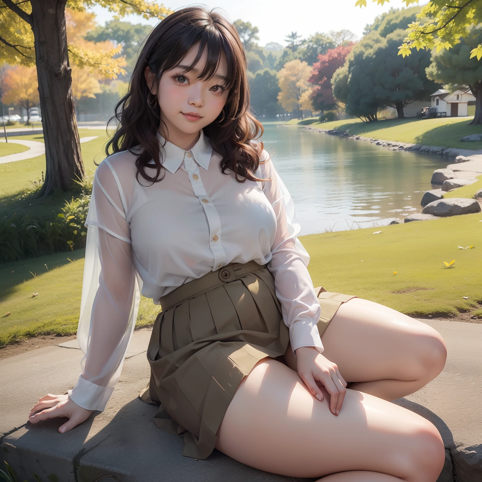 Similar to Akina Nakamori、kawaii girl、 fat girl、15yo se hair、Curly、Transparent cotton shirt、Shy smile、Autumn landscape、Hair illuminated by the sun、Little fat woman、skirt by the、hightquality、校服、tanned face、tiny chest、Underwear is visible from the skirt、A sexy、Sheer、 appearance、see -through、drooing eyes、sulky face、Best Quality, full-face blush. pantie shot, pov feet, Barefoot, Open your clothes. pile-driver. (thighs thighs thighs thighs).(Open your clothes)