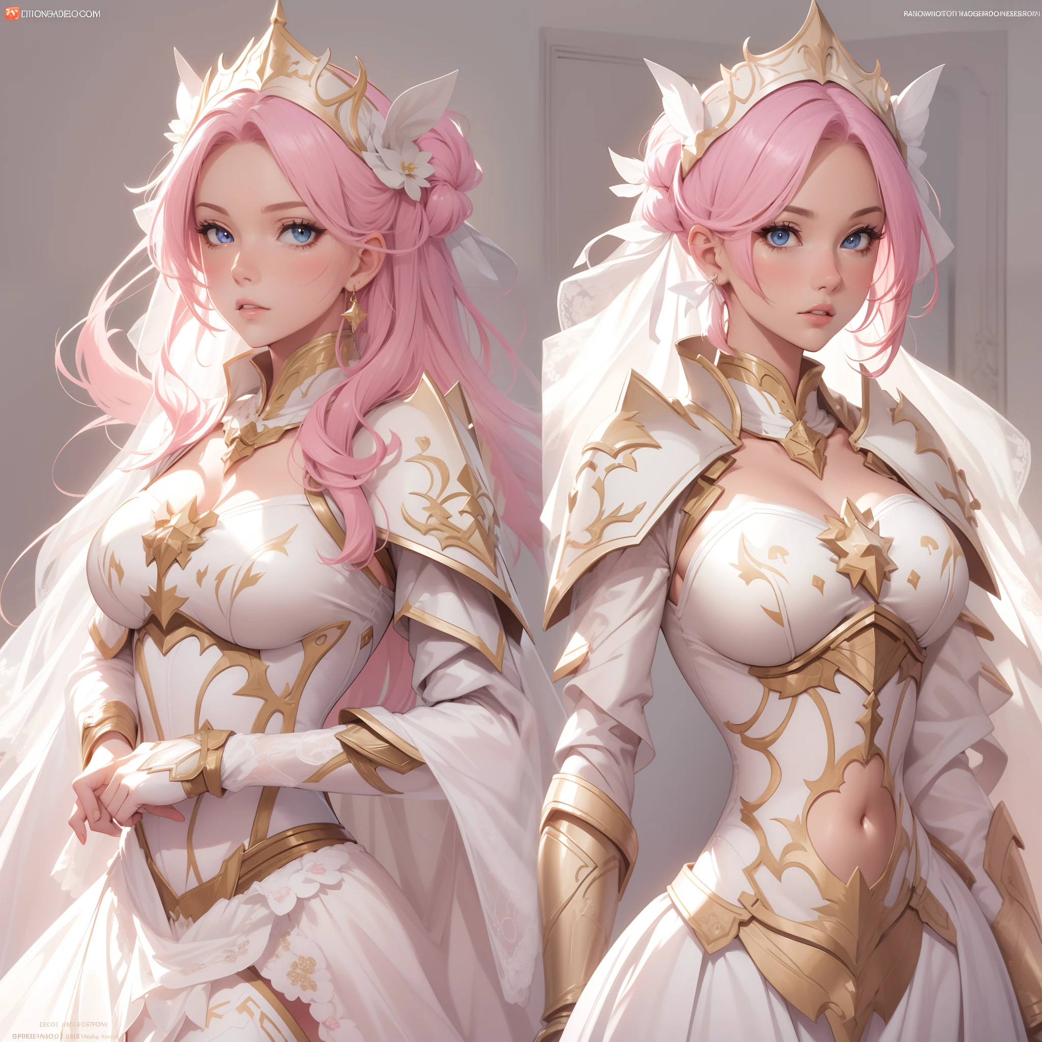 Masterpiece, Highest quality, Detailed face, CharacterDesignSheet,perfectly proportions,full bodyesbian,Full of details, Multiple poses and expressions, Highly detailed, Beautiful paladin girl,A pink-haired,Holding a shield,Pure white armor,wedding gown,Star decoration,Lace,lacepantyhose, High Balance,Natural light