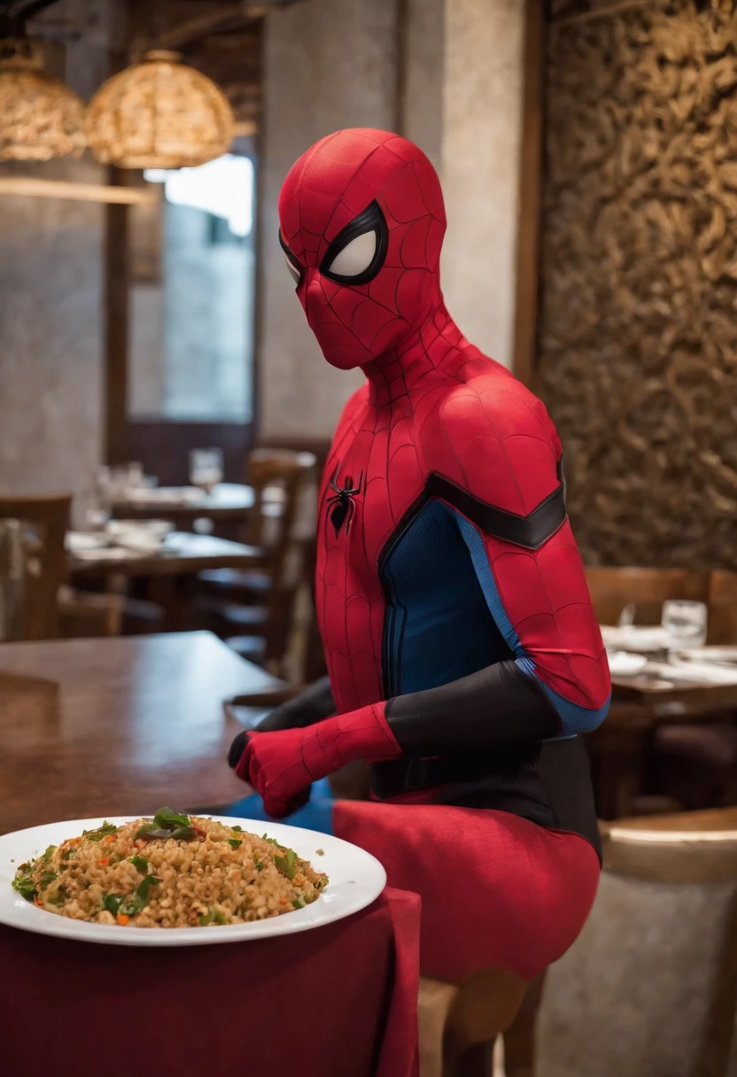 Cinematographer, ultra realista, Ropa detallada, Bellamente detallado, UHD, HDR, Altas Resoluciones, ultra detallado, Detalles intrincados, Efectos texturales, absurdos, obra maestra, 8k:1.2. En esta imagen, vemos a Spider-Man en un inusual descanso de sus actividades heroicas. He's standing in a chic Asian restaurant in his iconic costume...................
Spider-Man holds a bowl of Chinese fried rice mixed with oriental stir-fried noodles in his hands skillfully.., usando unos elegantes palillos chinos para llevar un bocado a su boca. The plate is full of fried rice, salteado. The restaurant is decorated with traditional Chinese elements, como linternas rojas colgando del techo y dragones dorados esculpidos en las paredes. The dim light of the lanterns creates a warm and welcoming atmosphere in the place.