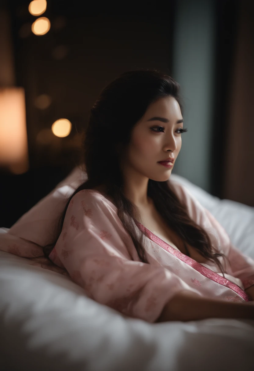 best quality, ultra high res, (photorealistic:1.4), RAW photo, (upper thigh, from side:0.7), (bokeh:1.5), (bed), (in suite:1.6), (exotic skin), (black long hair), big boobs, pink kimono, japanese girl, cute,