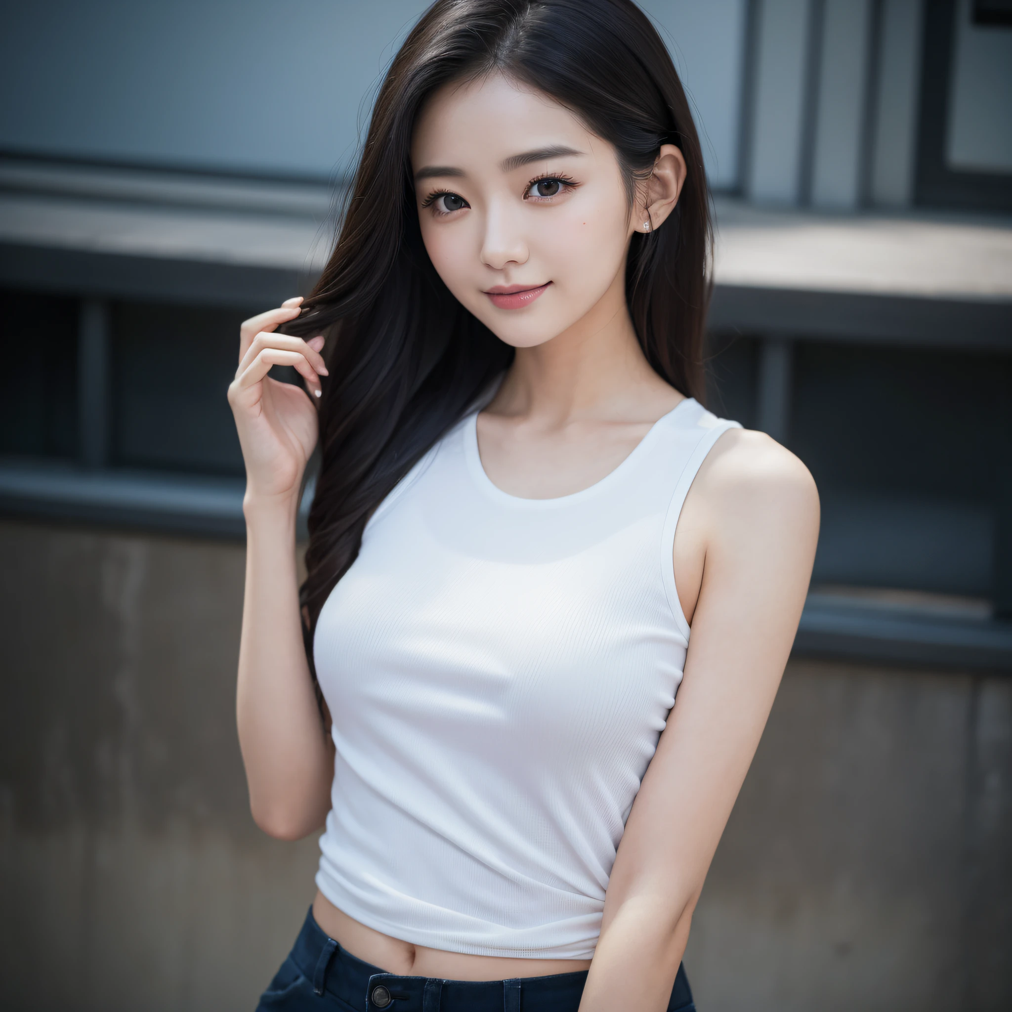 One lady、((best qualtiy、8k masterpieces:1.3))、foco nítido:1.2、(ultra beautiful faces:1.0)、(shinny skin:1.0)、photos realistic、A dark-haired、Video Lighting、High-definition eyes and face、Video Lighting、(Korean Cute Actress)、from the front side、medium breasts、(ssmile:1.2)、Slender Abs Beauty、Whole body、wearing t-shirts、In Kyoto