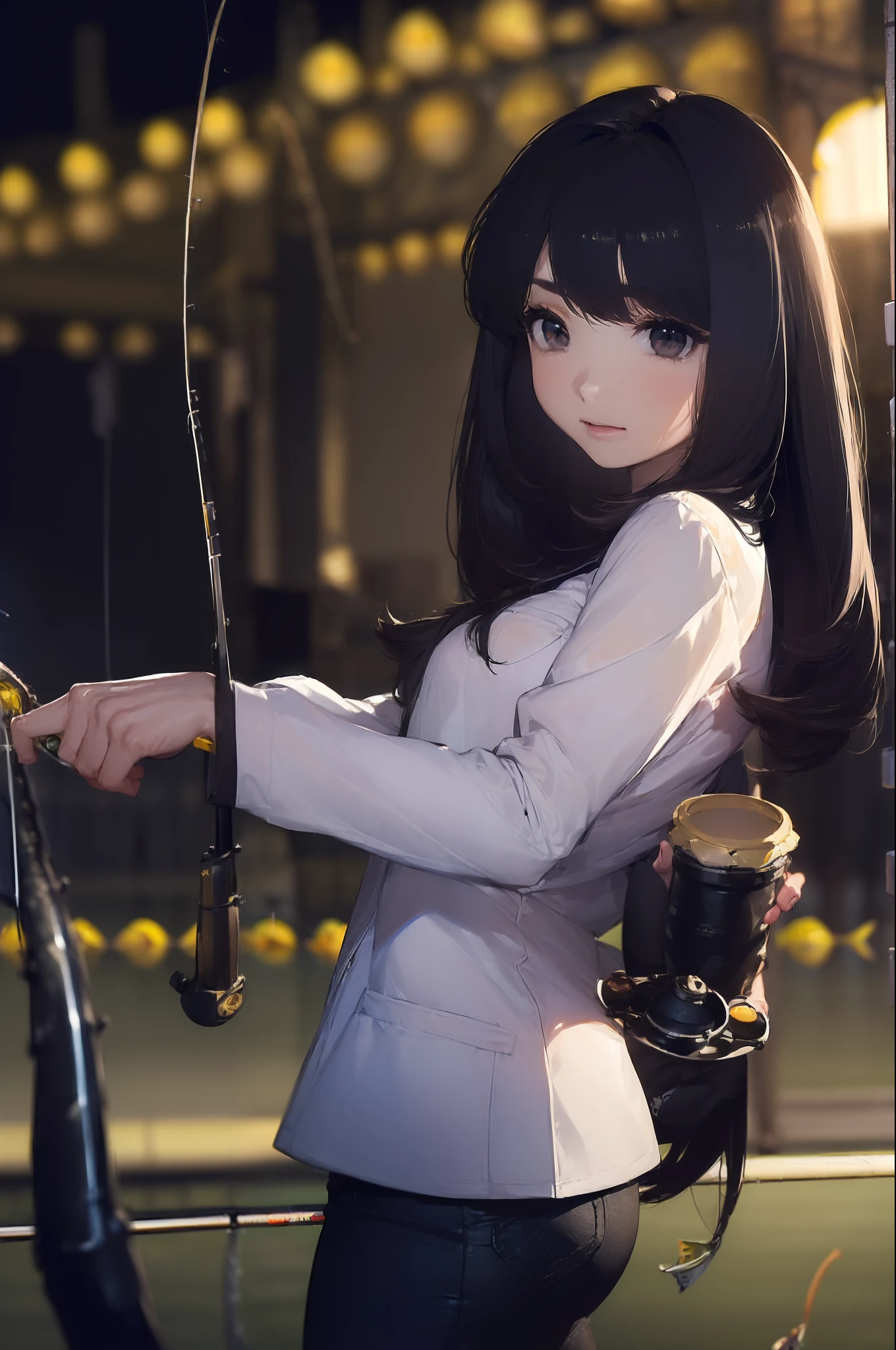 ((((Have fishing rod with a reel:1.5)))),((Female 28 years old)),((Best Quality:1.5)),(((Hands with the correct number and structure of fingers:1.4))),((lakeside:1.37)),hight resolution,ultra-detailliert,​masterpiece,best qualtiy,(Eight-headed body),Black hair, long eyeslashes, Solid Circle Eyes, drop shadow, Atmospheric perspective,Super Detail, ccurate, small brest,(Black jacket and black jeans :1.1),top-quality, blurry backround, bokeh dof:1.2, (​masterpiece:1.3),  Atmospheric perspective,Super Detail,dynamic compositions, Ultra High Quality,