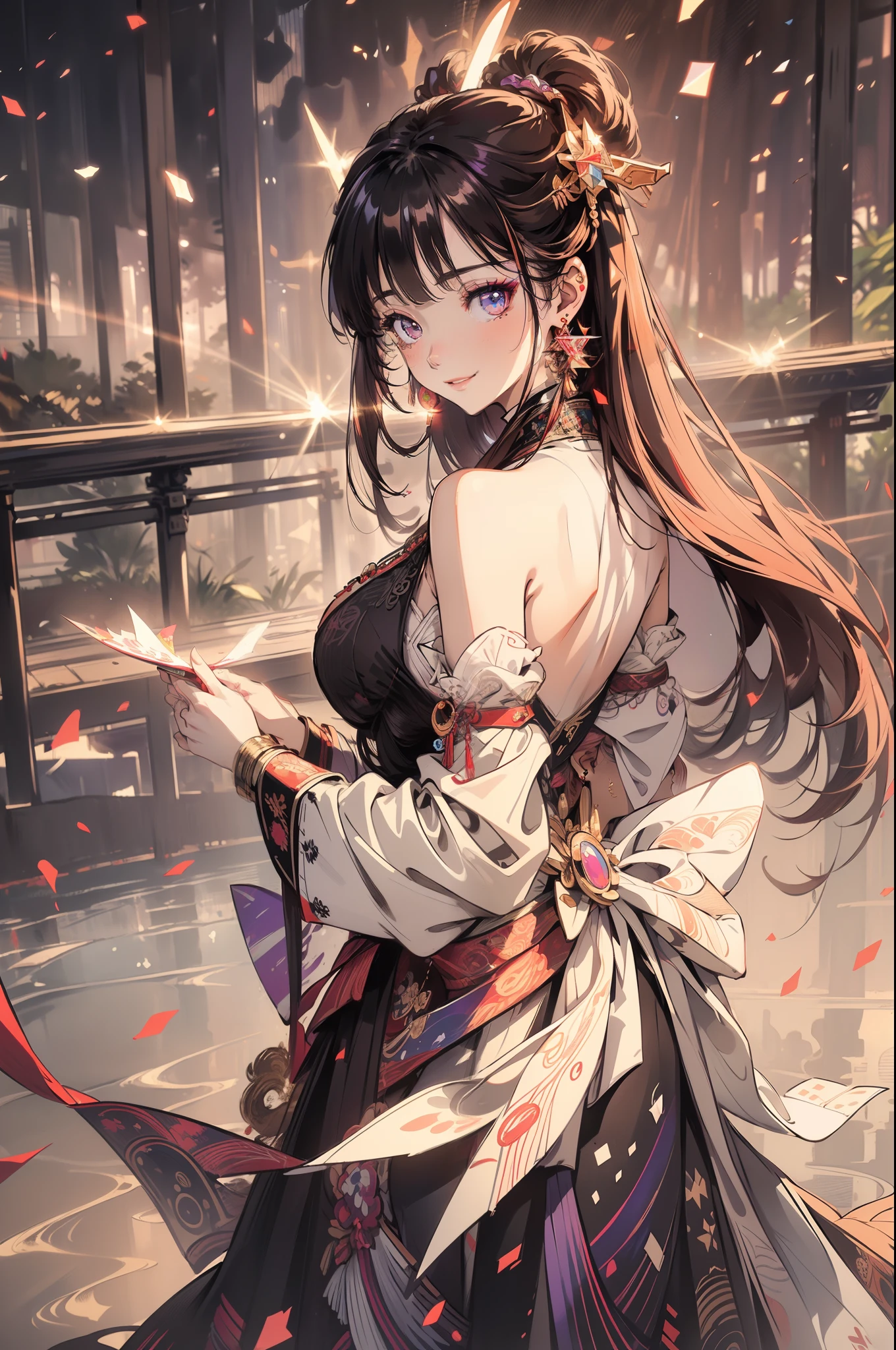 Realistic, (Masterpiece, 4K, 8K, ultra hires, The is very detailed, unreal, high resolution, Ultra detailed, Best quality, 超高分辨率, Visually stunning, Beautiful, Award-winning art, Best quality, stunningly beautiful:1.2), Detached sleeves, Bare shoulders, Long hair, komono, hair adornments, jewelry, Purple eyes, Earrings, Detailed face, ribbon_Trim, Long sleeves, Smile, Thick lips, (extremely detailed background:1.4), full bodyesbian, (Made of bright colors:1.1), (abstracted:1.4), Detailed eyes, (Light rays:1.4), Dark red hair, (From behind:1.2),