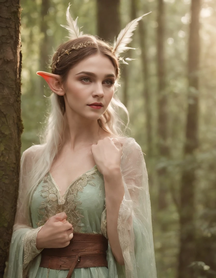 a beautiful elf girl、Fairy feathers、in woods,upper body,medium shot