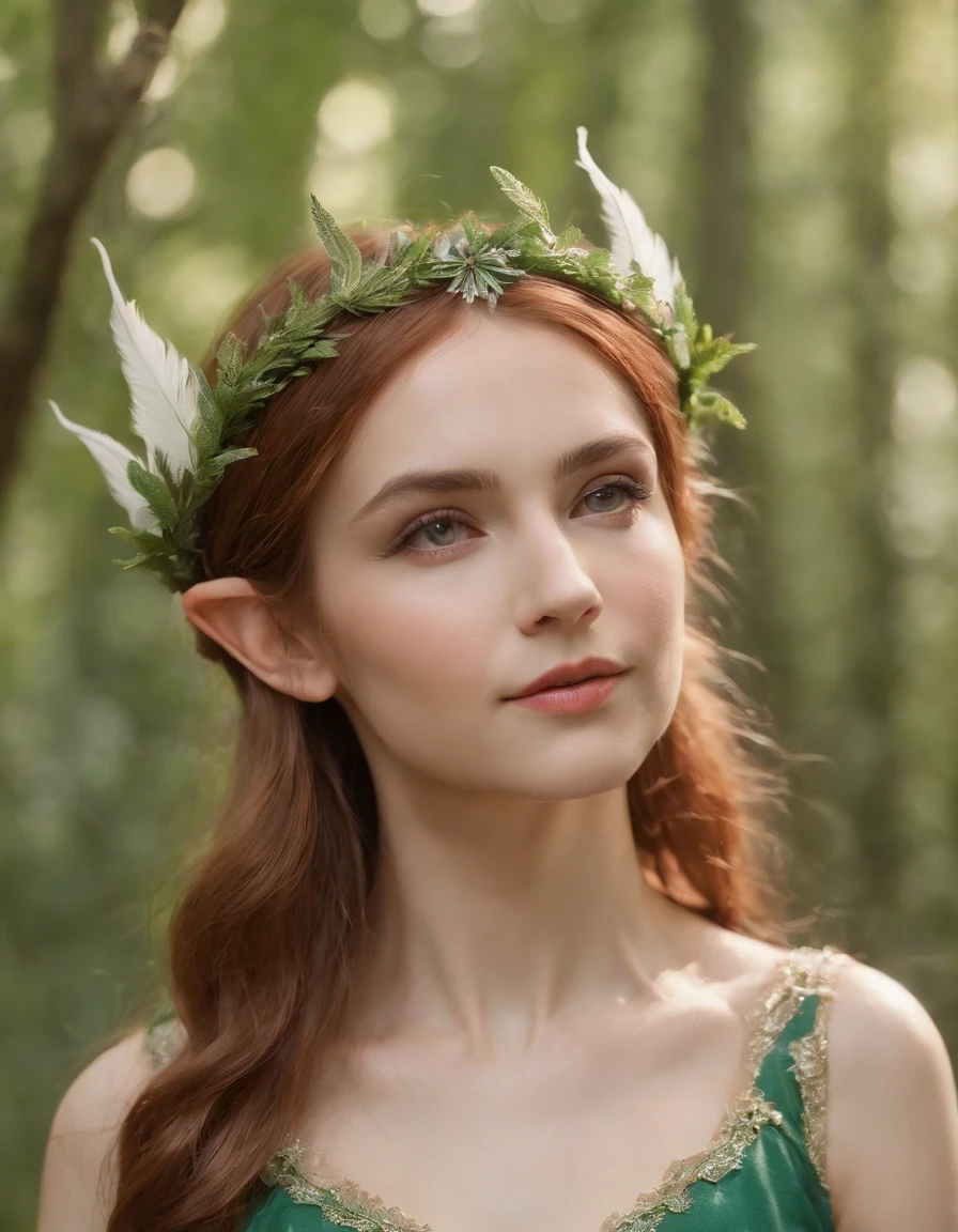 a beautiful elf girl、Fairy feathers、in woods,upper body,medium shot
