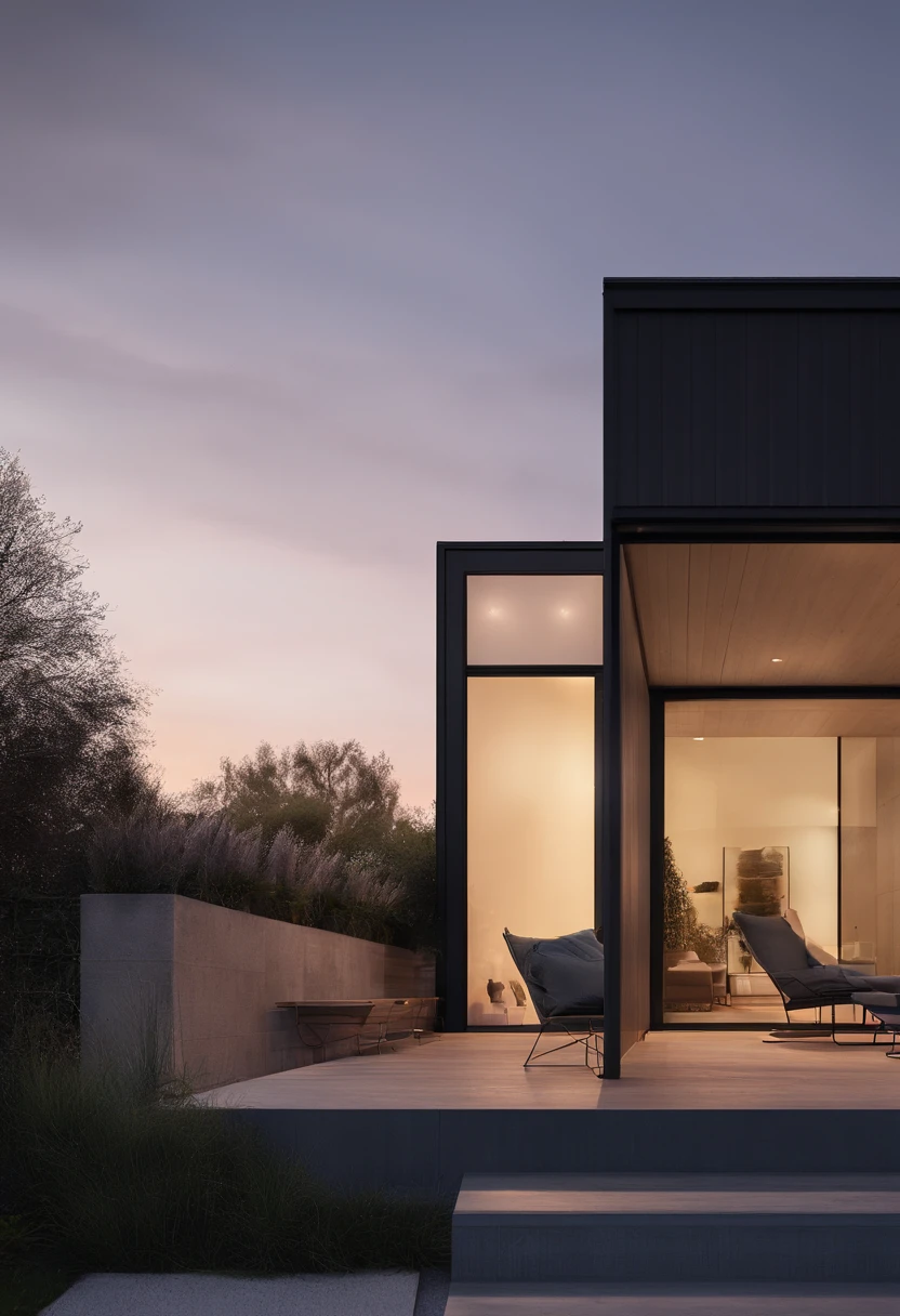 Three outdoor spherical lights sit on the balcony in the evening,The background is the evening sky,The vista is a modern minimalist house