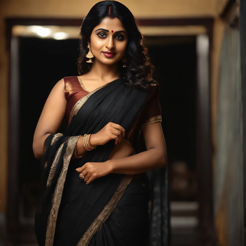 (best quality,ultra-detailed,realistic:1.37), South Indian Woman, black hair, extra detailed round face, full body slim figure, black saree, posing back with open back saree, beautiful eyes