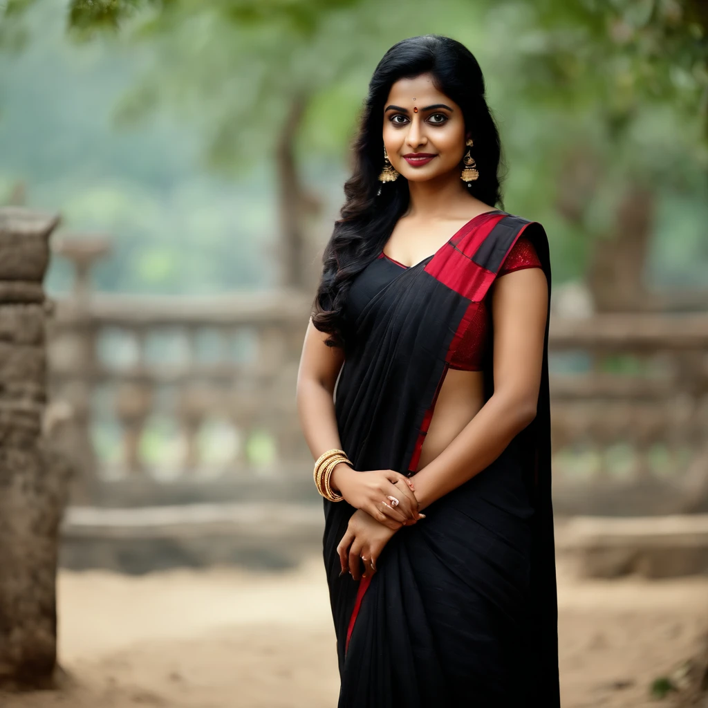 (best quality,ultra-detailed,realistic:1.37), South Indian Woman, black hair, extra detailed round face, full body slim figure, black saree, posing back with open back saree, beautiful eyes